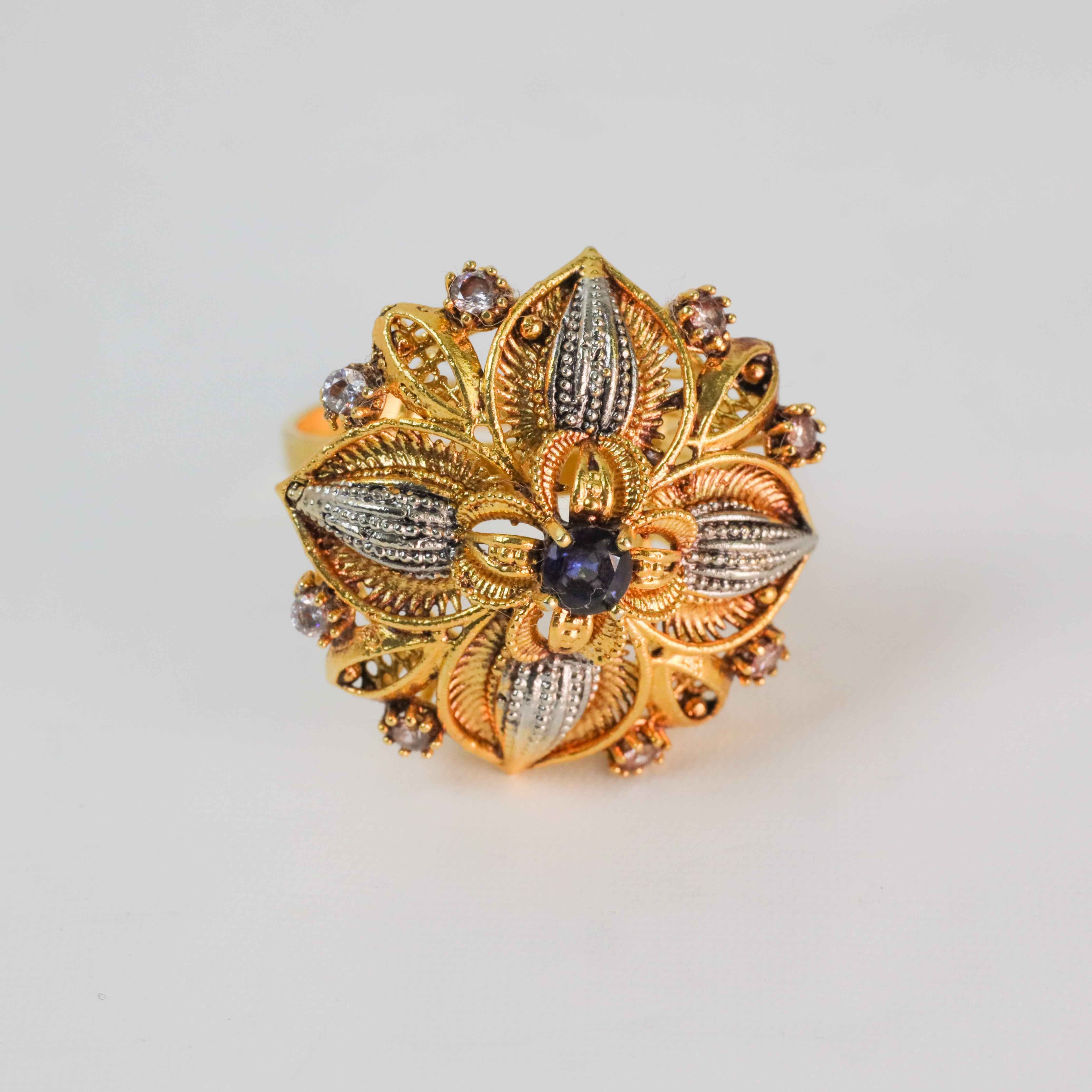 Gold-Plated Floral Ring with Blue Center Stone & CZ Accents
