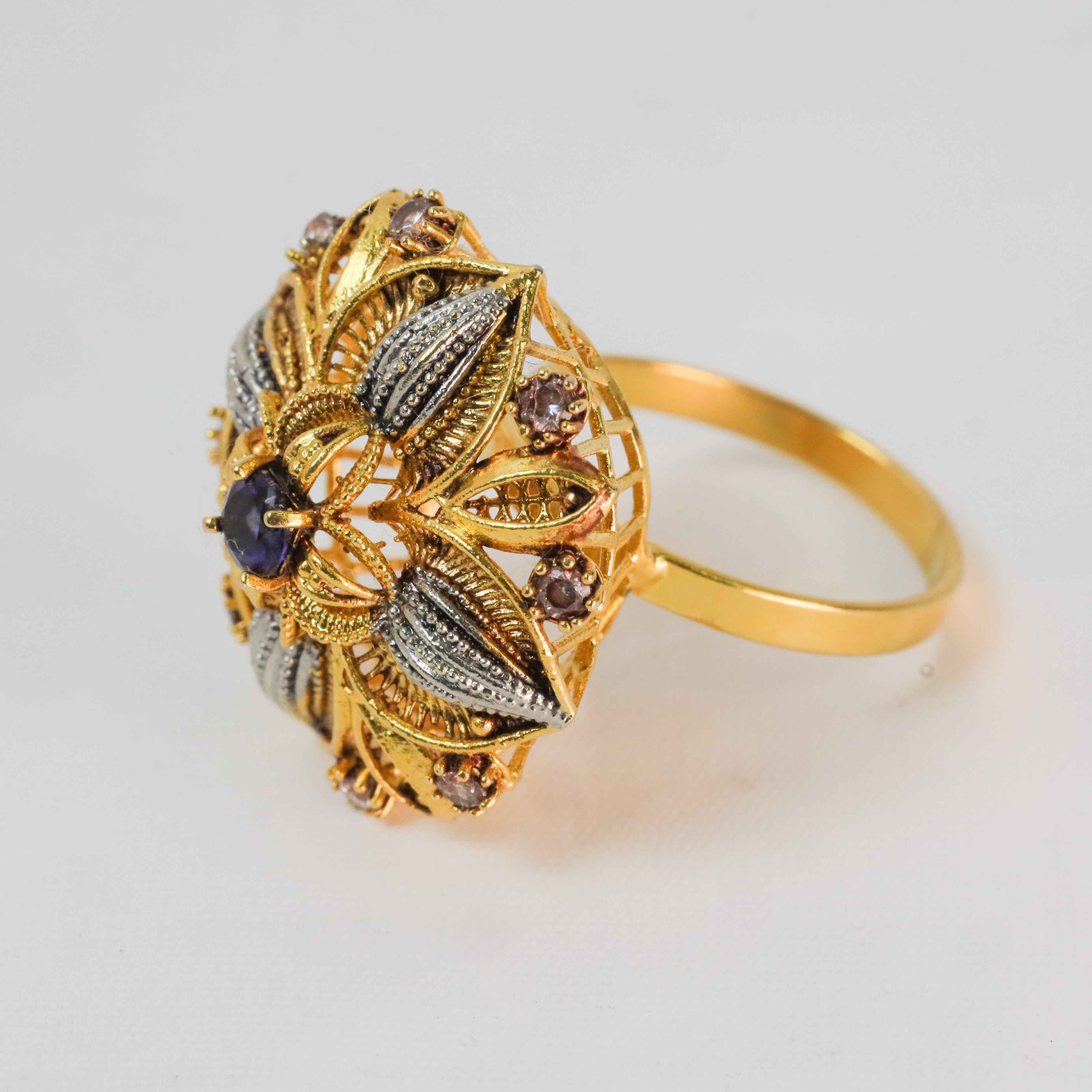 Gold-Plated Floral Ring with Blue Center Stone & CZ Accents