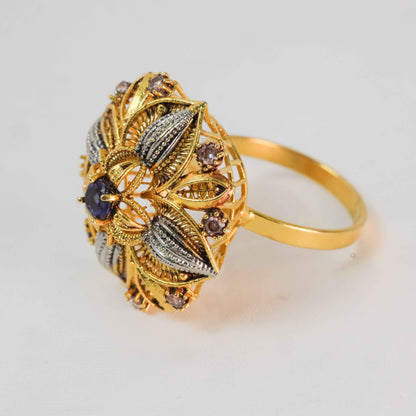 Gold-Plated Floral Ring with Blue Center Stone & CZ Accents