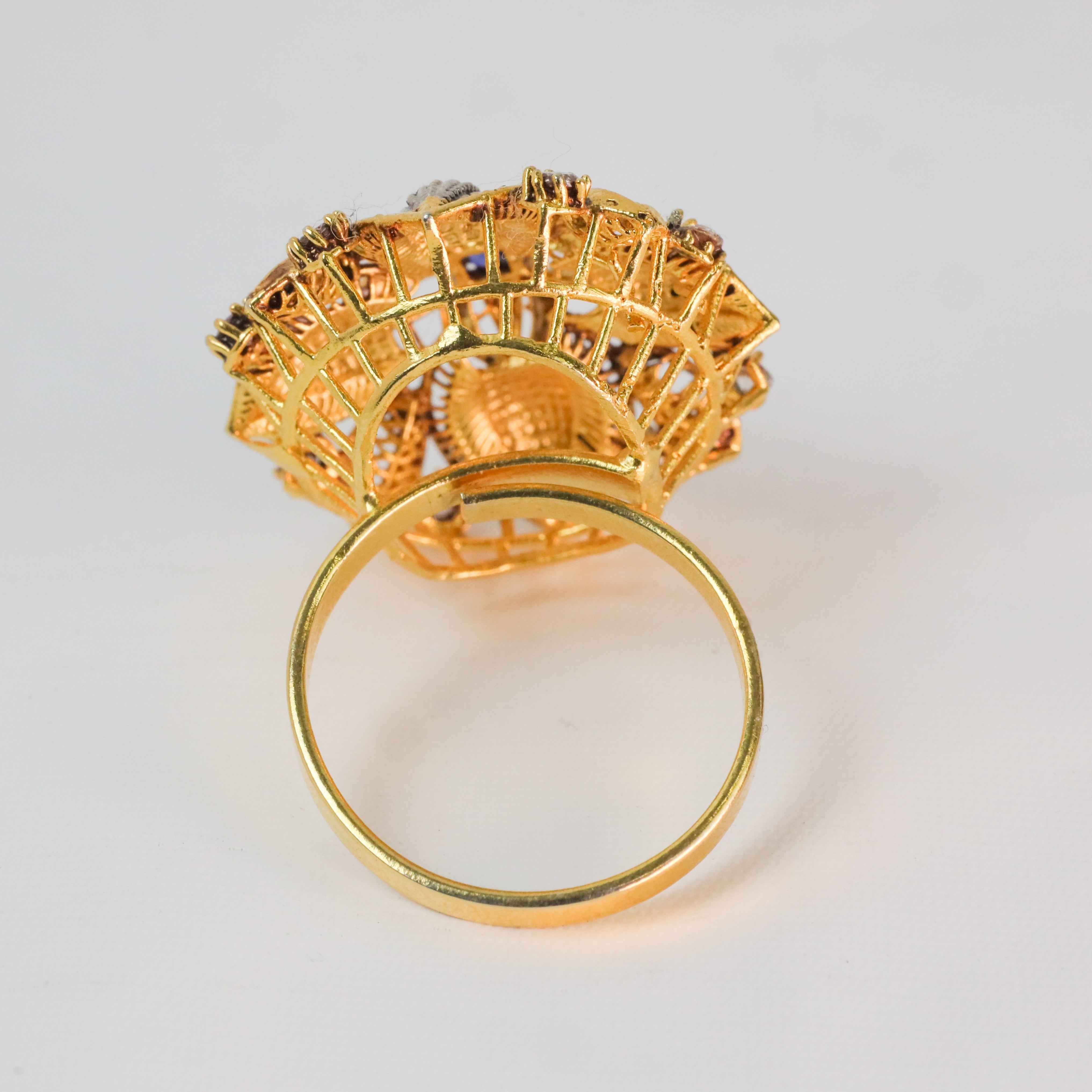 Gold-Plated Floral Ring with Blue Center Stone & CZ Accents
