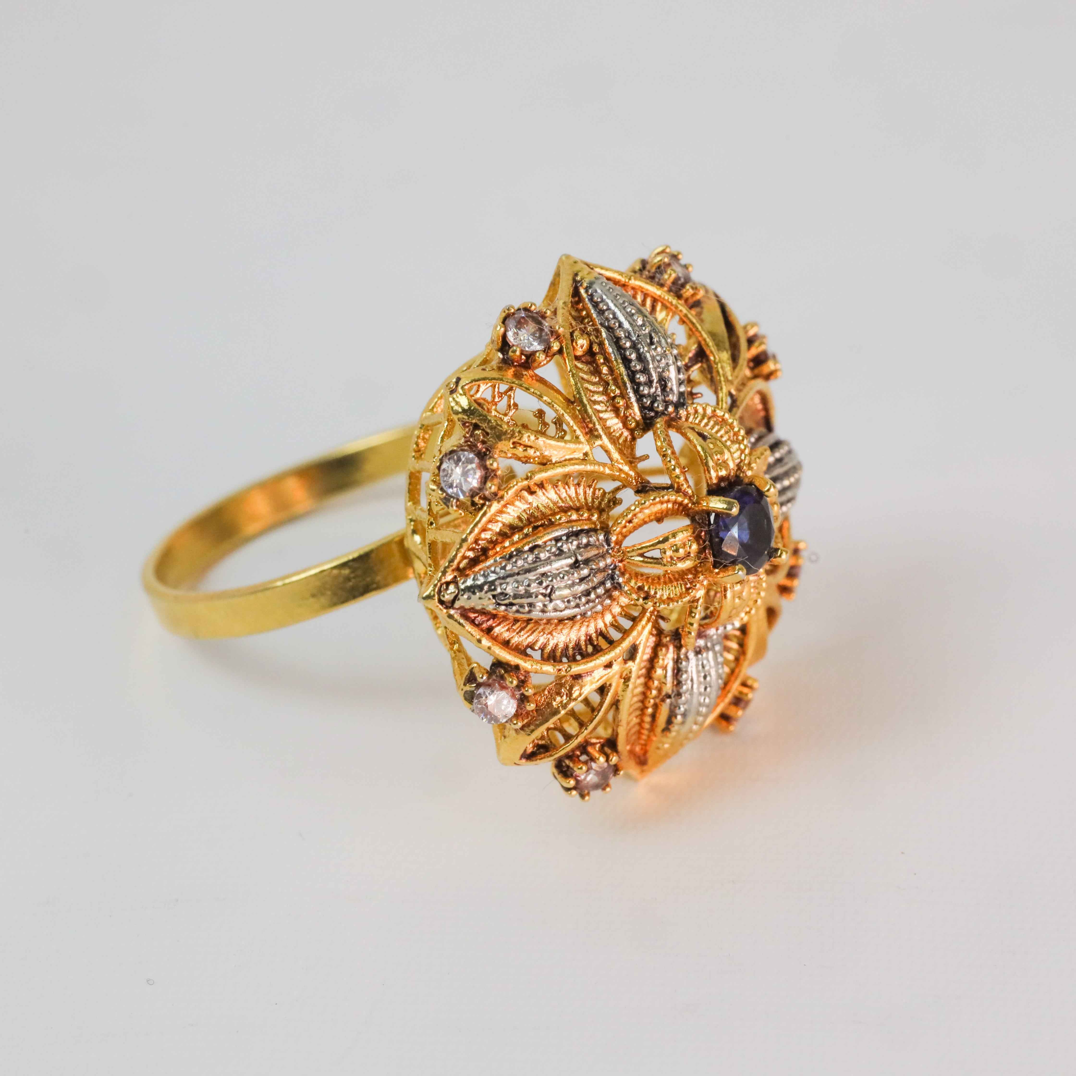 Gold-Plated Floral Ring with Blue Center Stone & CZ Accents