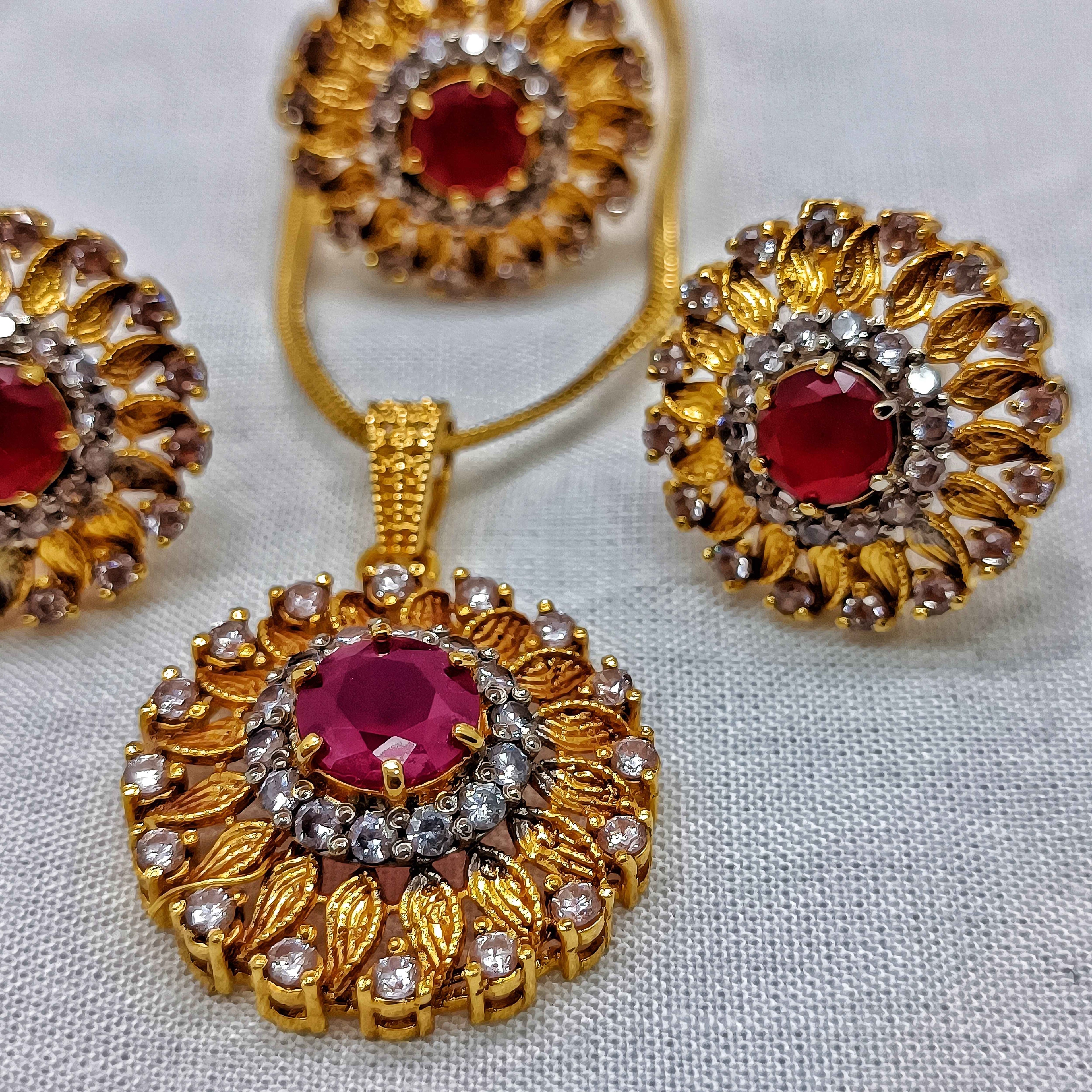 Gold Plated Ruby Jewelry Set with CZ Stones – Elegant Pendant and Ring Set for Women | Handmade Necklace