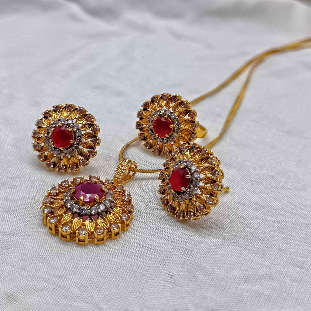 Gold Plated Ruby Jewelry Set with CZ Stones – Elegant Pendant and Ring Set for Women | Handmade Necklace