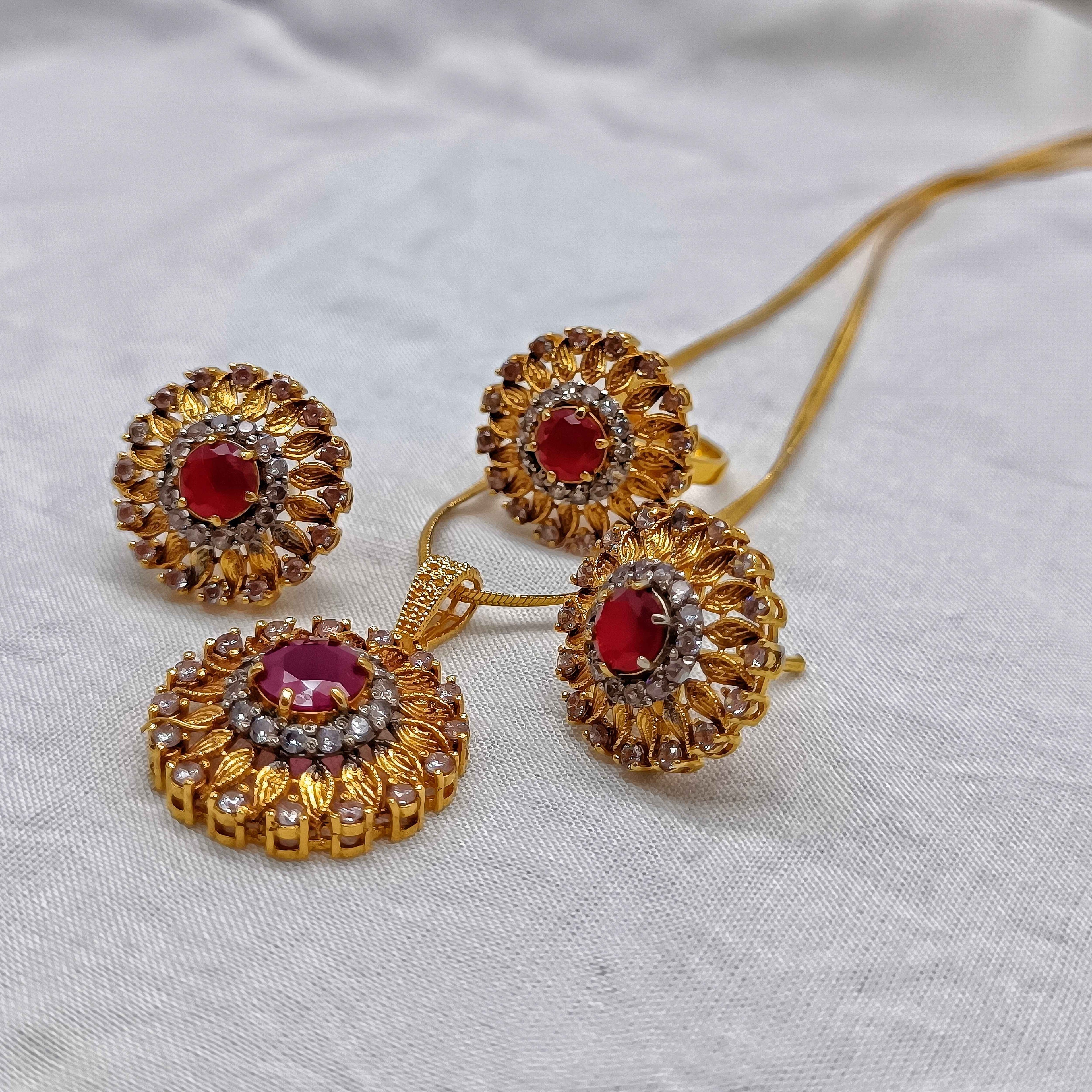 Gold Plated Ruby Jewelry Set with CZ Stones – Elegant Pendant and Ring Set for Women | Handmade Necklace