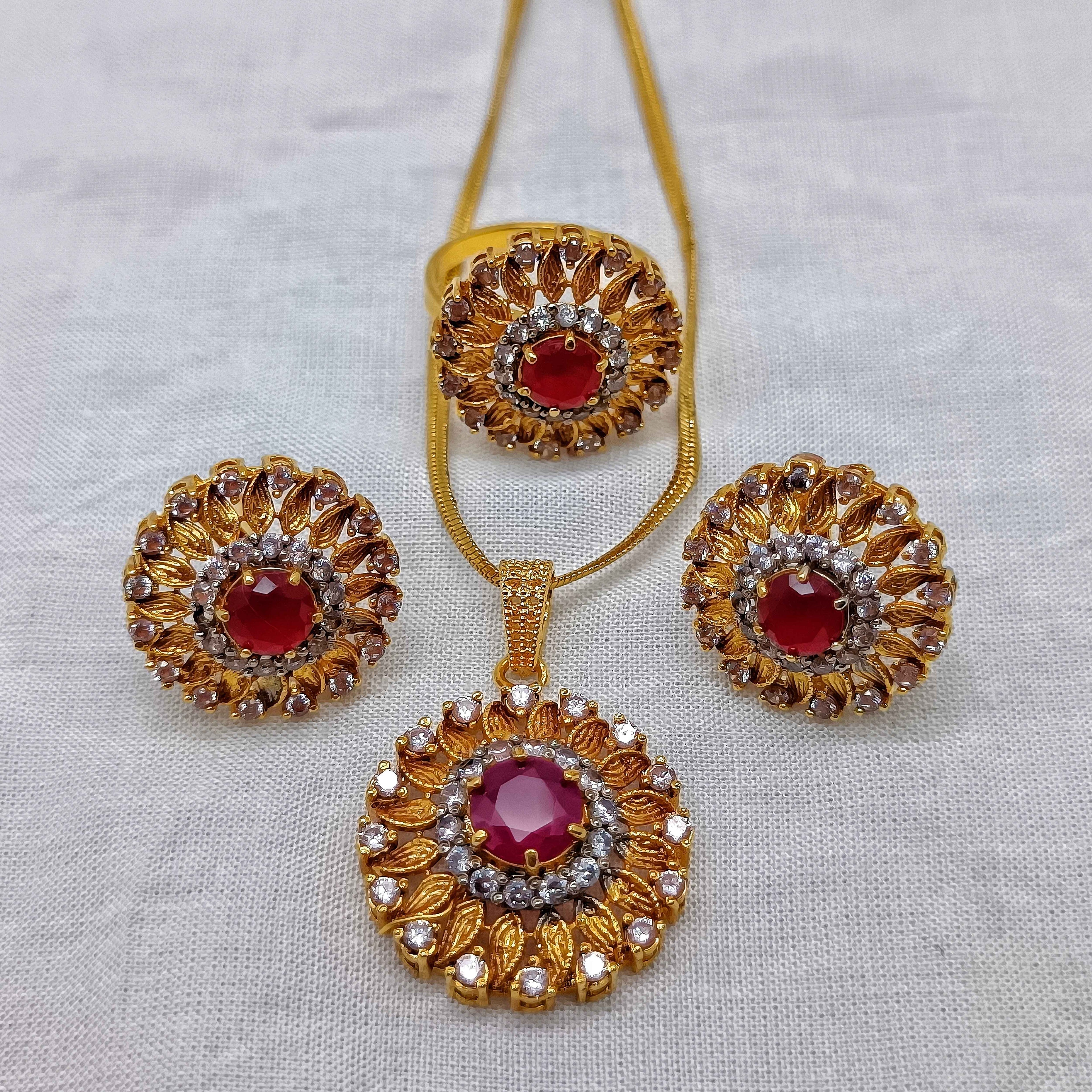 Gold Plated Ruby Jewelry Set with CZ Stones – Elegant Pendant and Ring Set for Women | Handmade Necklace