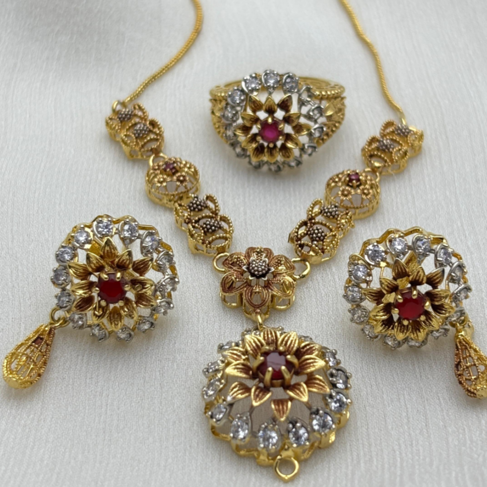 Gold-Plated Floral Jewelry Set with Ruby Red Center & White Stone Accents