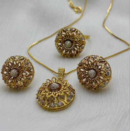 Intricate Gold-Plated Floral Jewelry Set with White Stone Accents | Golden Dreams - Golden Dreams