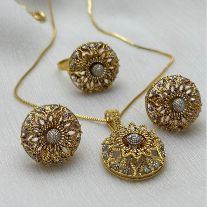 Intricate Gold-Plated Floral Jewelry Set with White Stone Accents | Golden Dreams