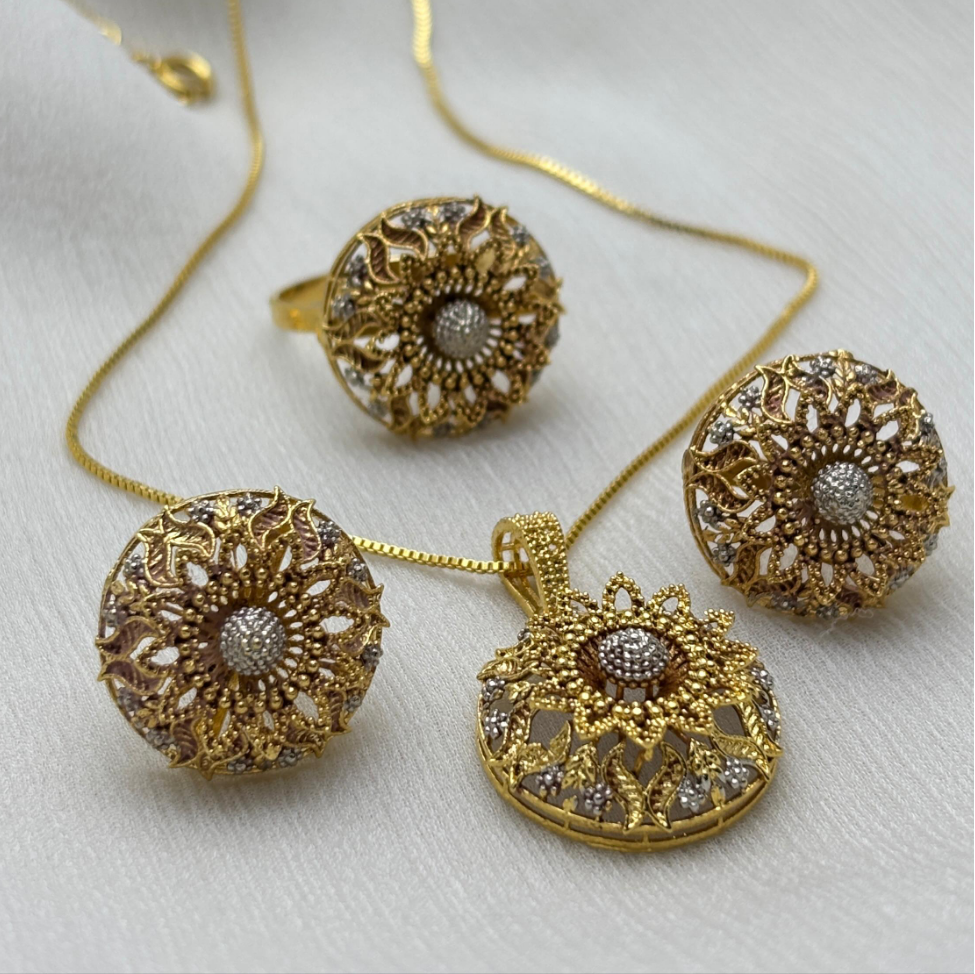 Intricate Gold-Plated Floral Jewelry Set with White Stone Accents | Golden Dreams