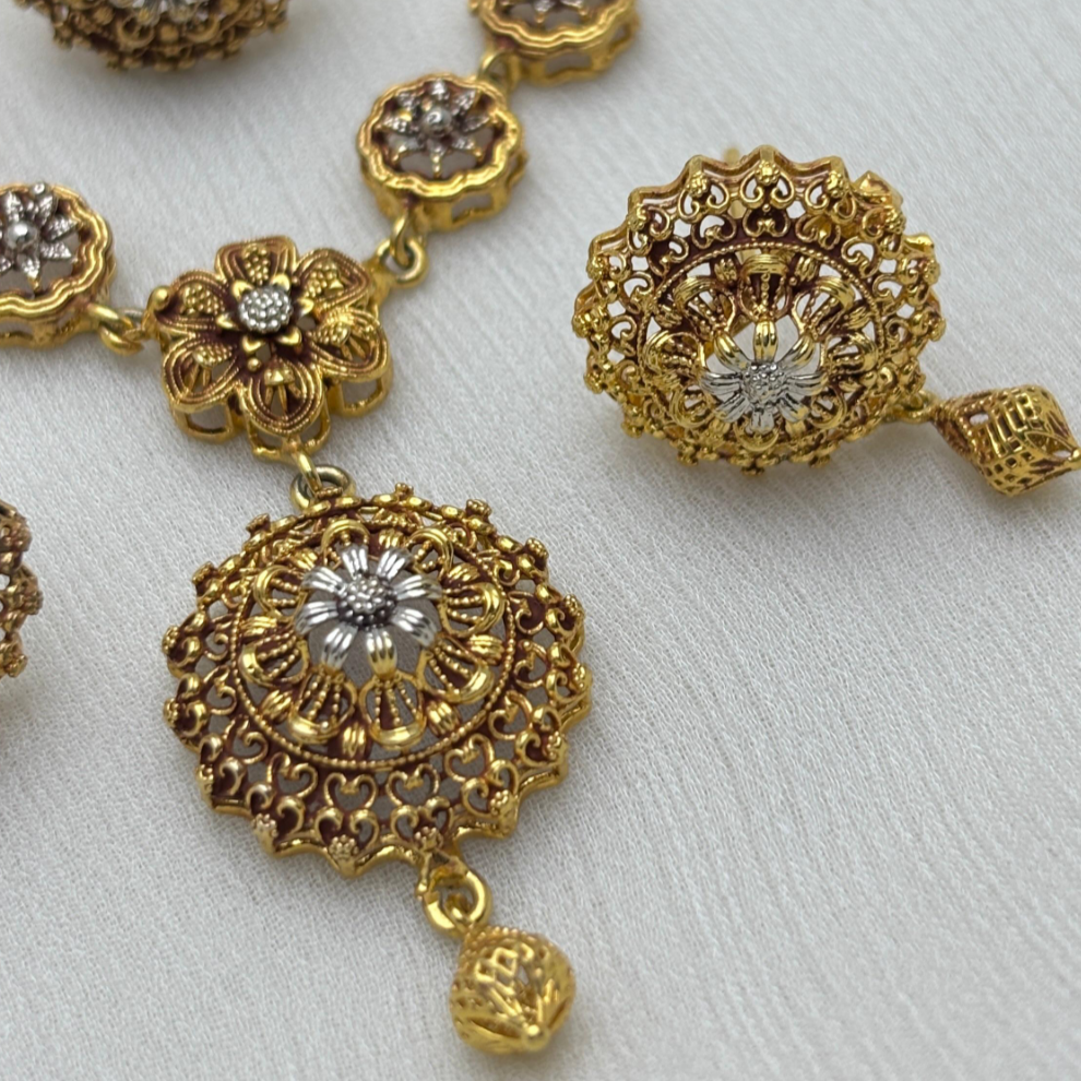 Traditional Gold-Toned Mala Jewelry Set – Necklace, Earrings, Ring