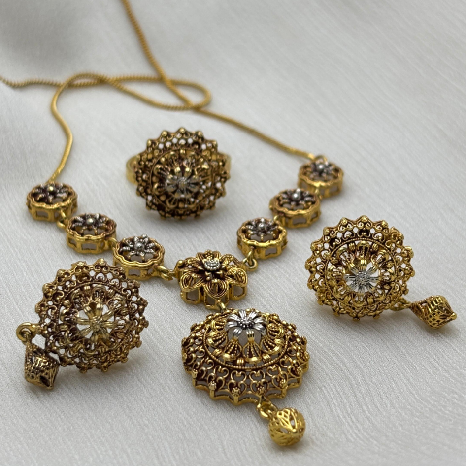 Traditional Gold-Toned Mala Jewelry Set – Necklace, Earrings, Ring