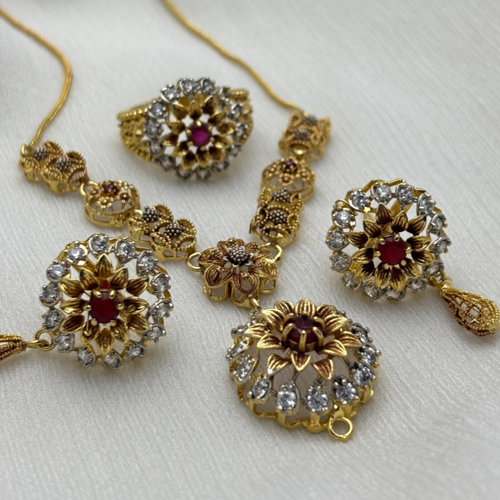 Gold-Plated Floral Jewelry Set with Ruby Red Center & White Stone Accents