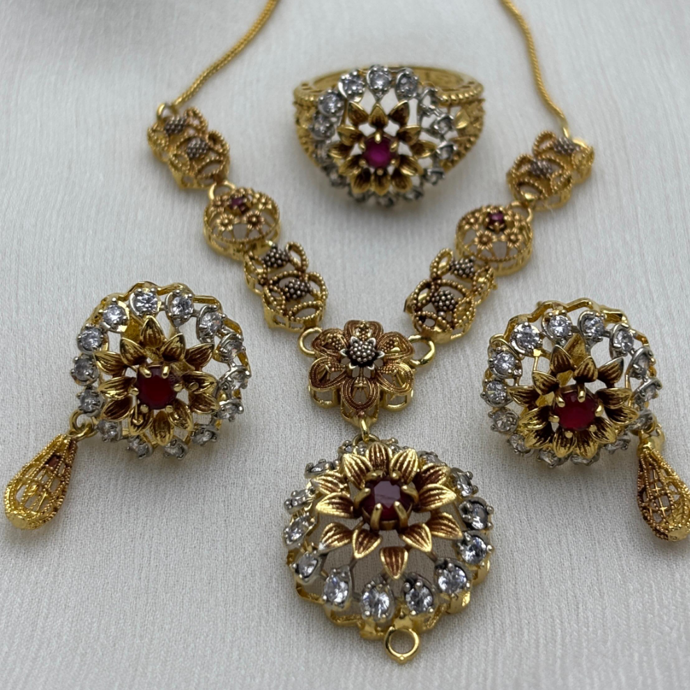 Gold-Plated Floral Jewelry Set with Ruby Red Center & White Stone Accents