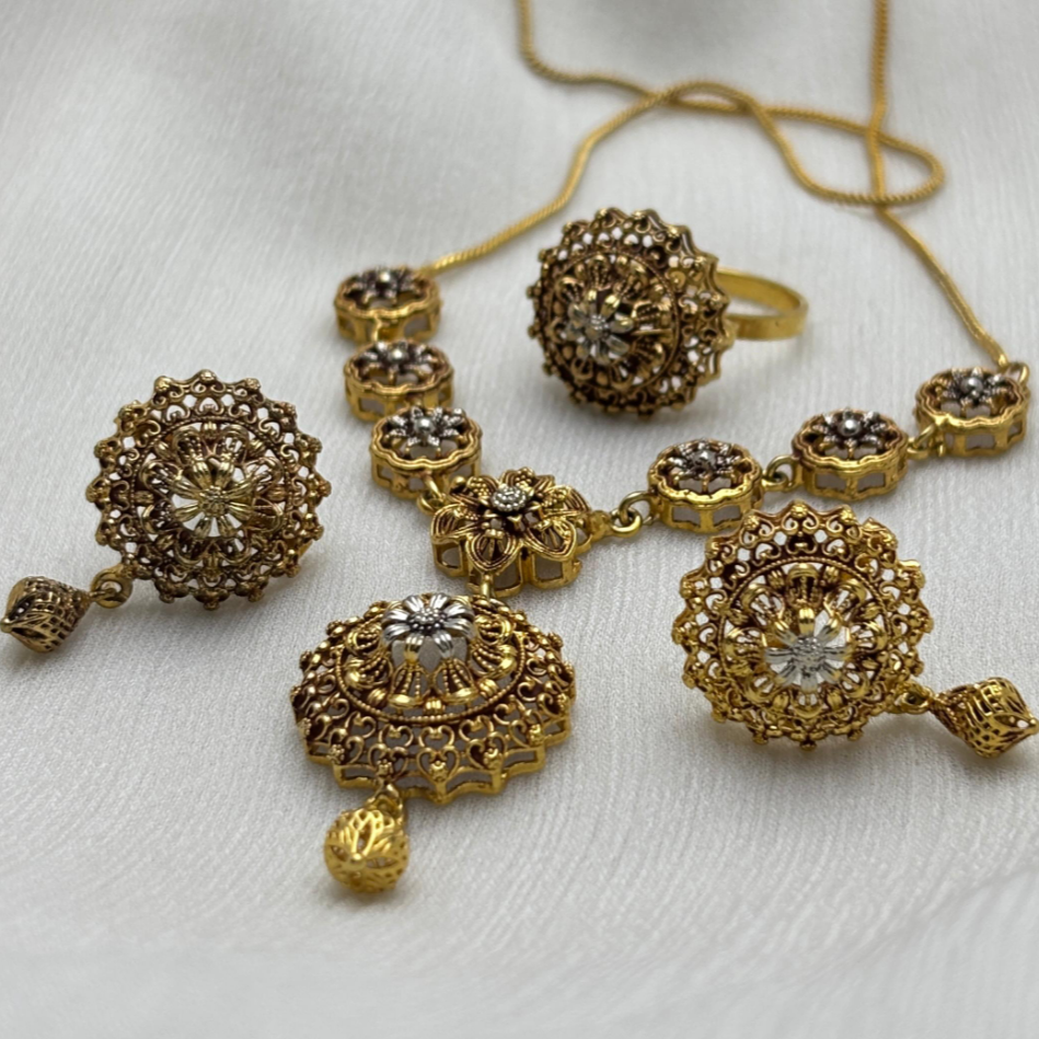 Traditional Gold-Toned Mala Jewelry Set – Necklace, Earrings, Ring