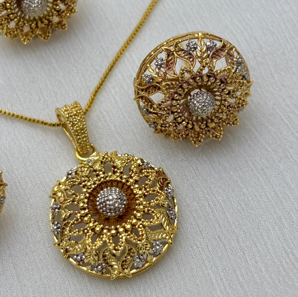 Intricate Gold-Plated Floral Jewelry Set with White Stone Accents | Golden Dreams - Golden Dreams