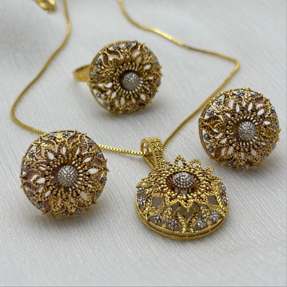 Intricate Gold-Plated Floral Jewelry Set with White Stone Accents | Golden Dreams