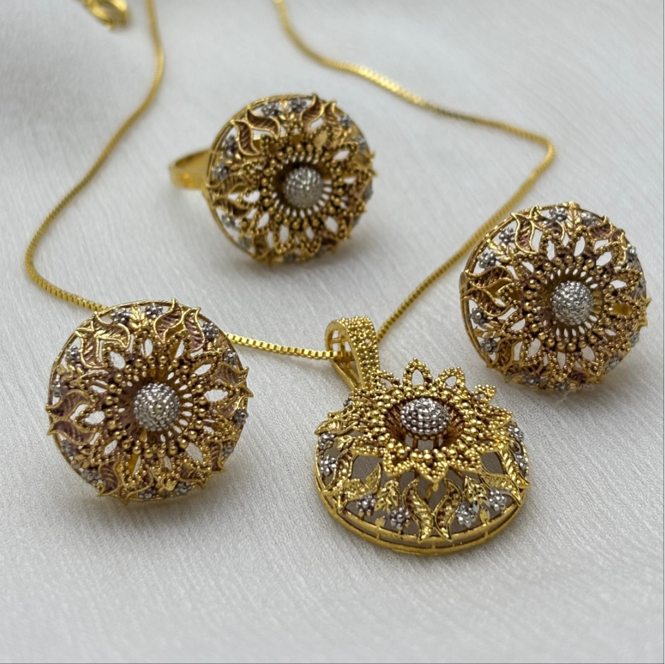 Intricate Gold-Plated Floral Jewelry Set with White Stone Accents | Golden Dreams