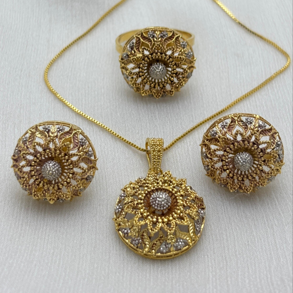 Intricate Gold-Plated Floral Jewelry Set with White Stone Accents | Golden Dreams