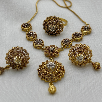 Traditional Gold-Toned Mala Jewelry Set – Necklace, Earrings, Ring
