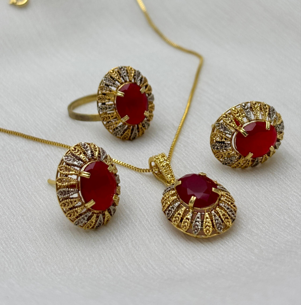 Red Chetam Stone Necklace Set - Golden Dreams