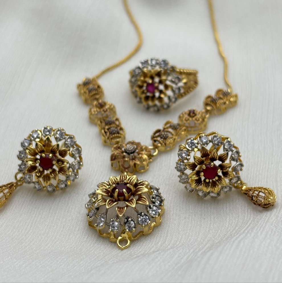 Gold-Plated Floral Jewelry Set with Ruby Red Center & White Stone Accents - Golden Dreams