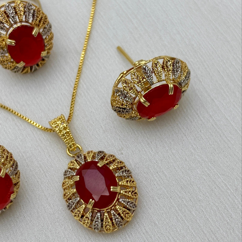 Red Chetam Stone Necklace Set
