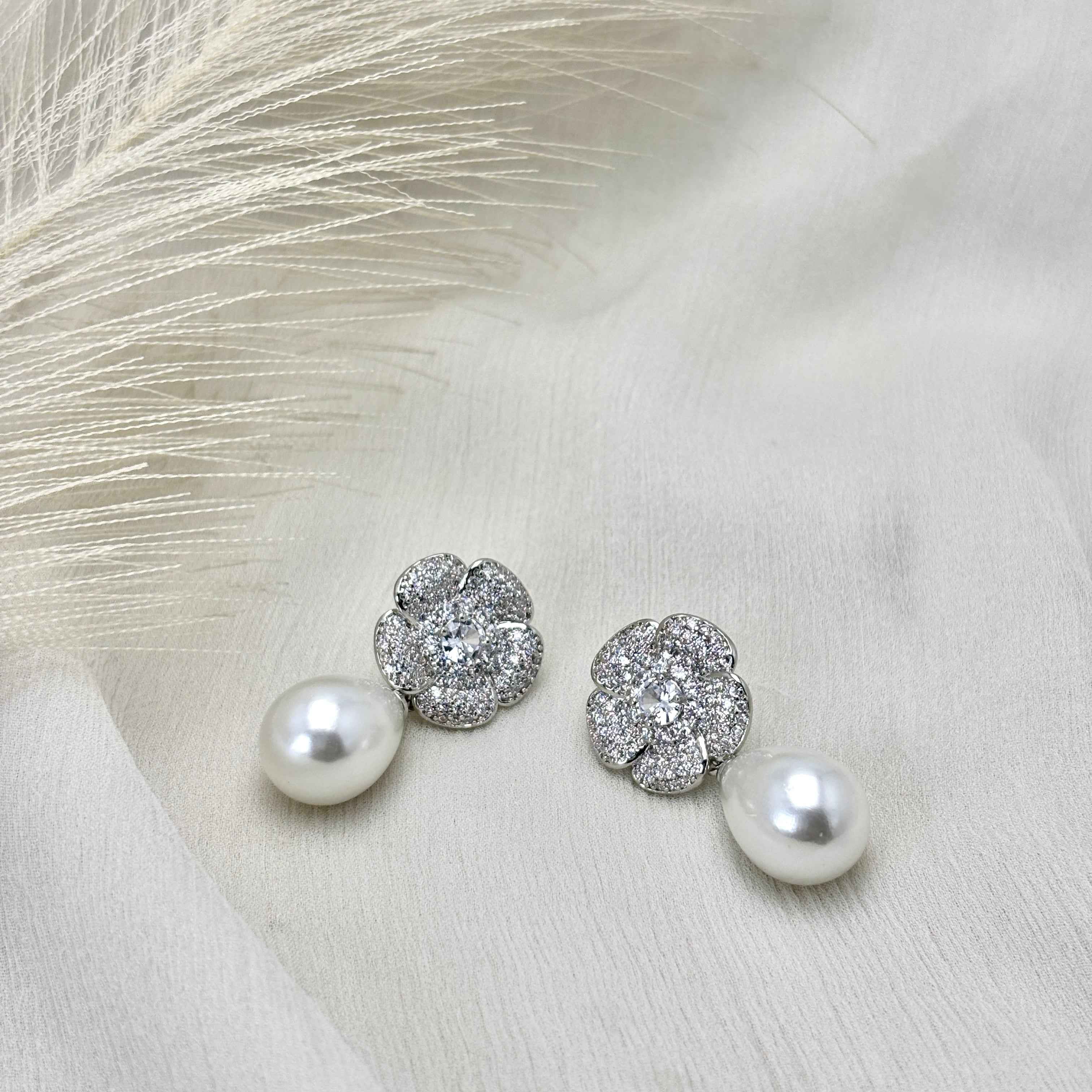 Floral Pearl with CZ Stone Earring