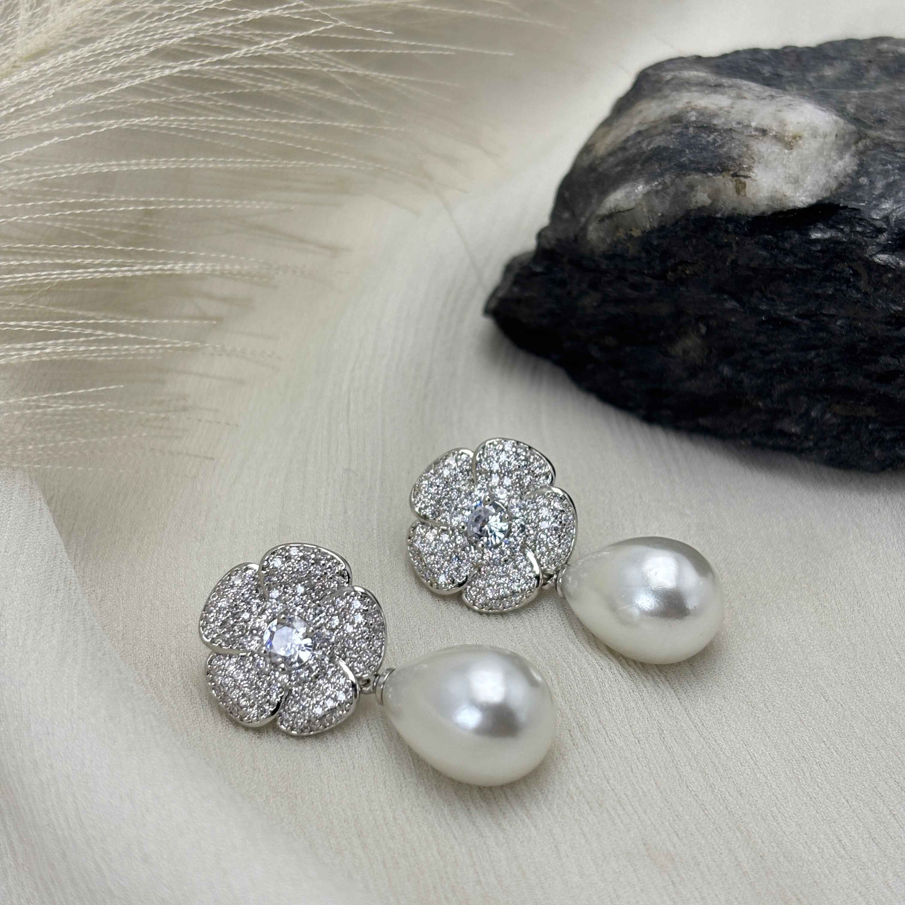 Floral Pearl with CZ Stone Earring