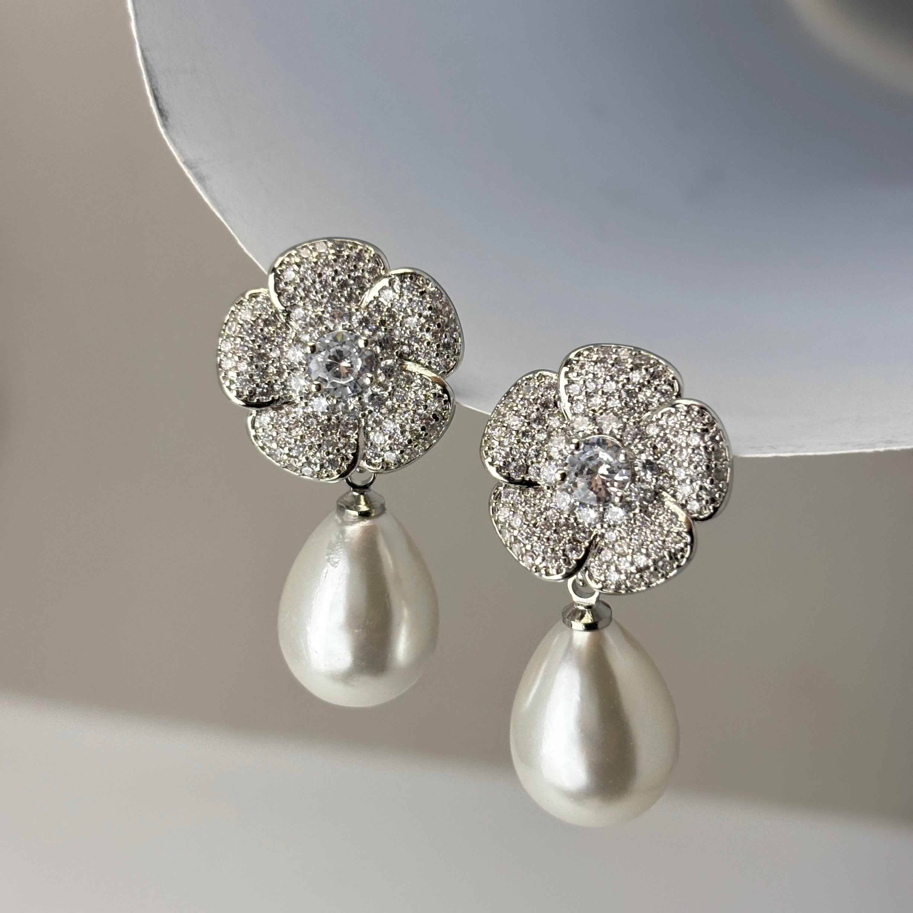 Floral Pearl with CZ Stone Earring