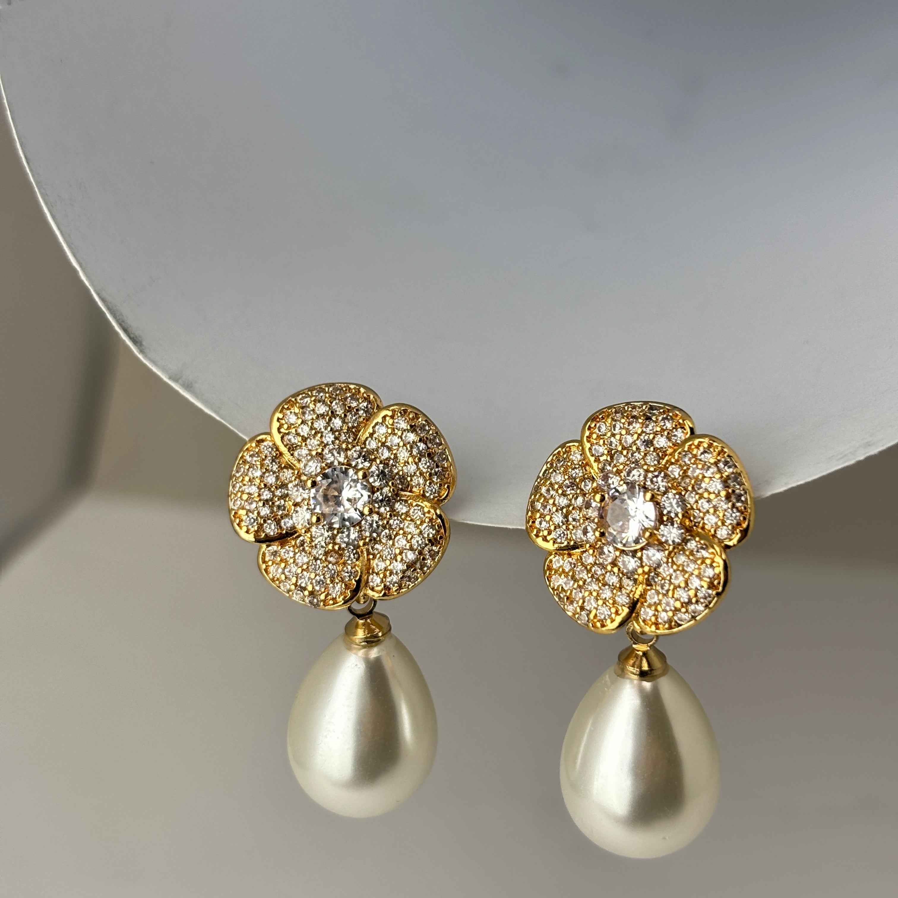 Floral Pearl with CZ Stone Earrings