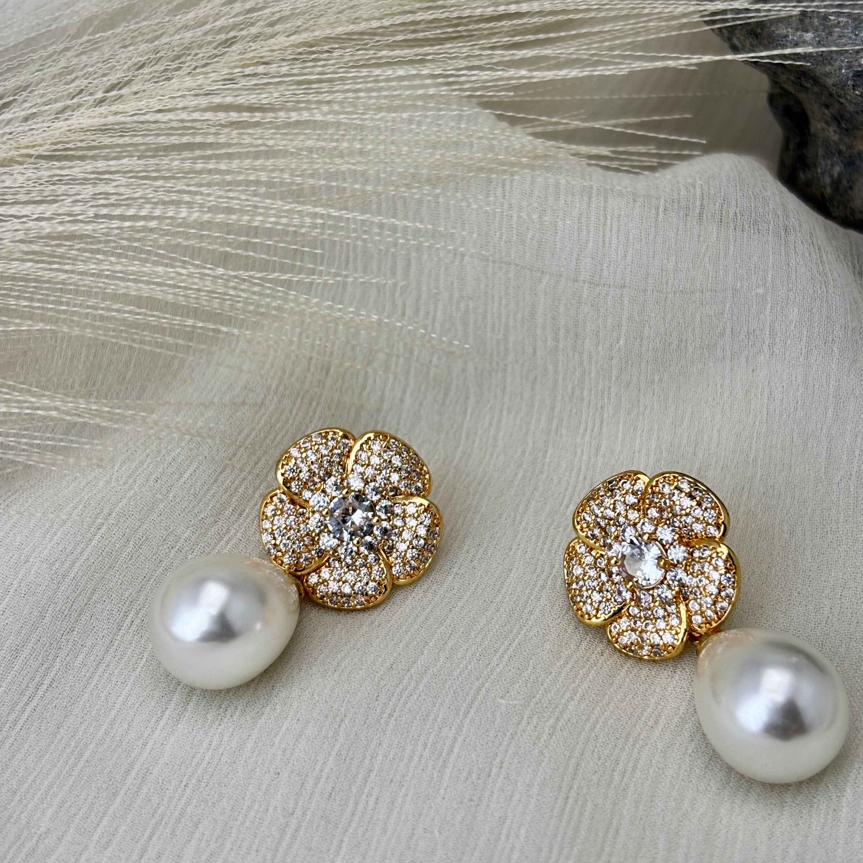 Floral Pearl with CZ Stone Earrings