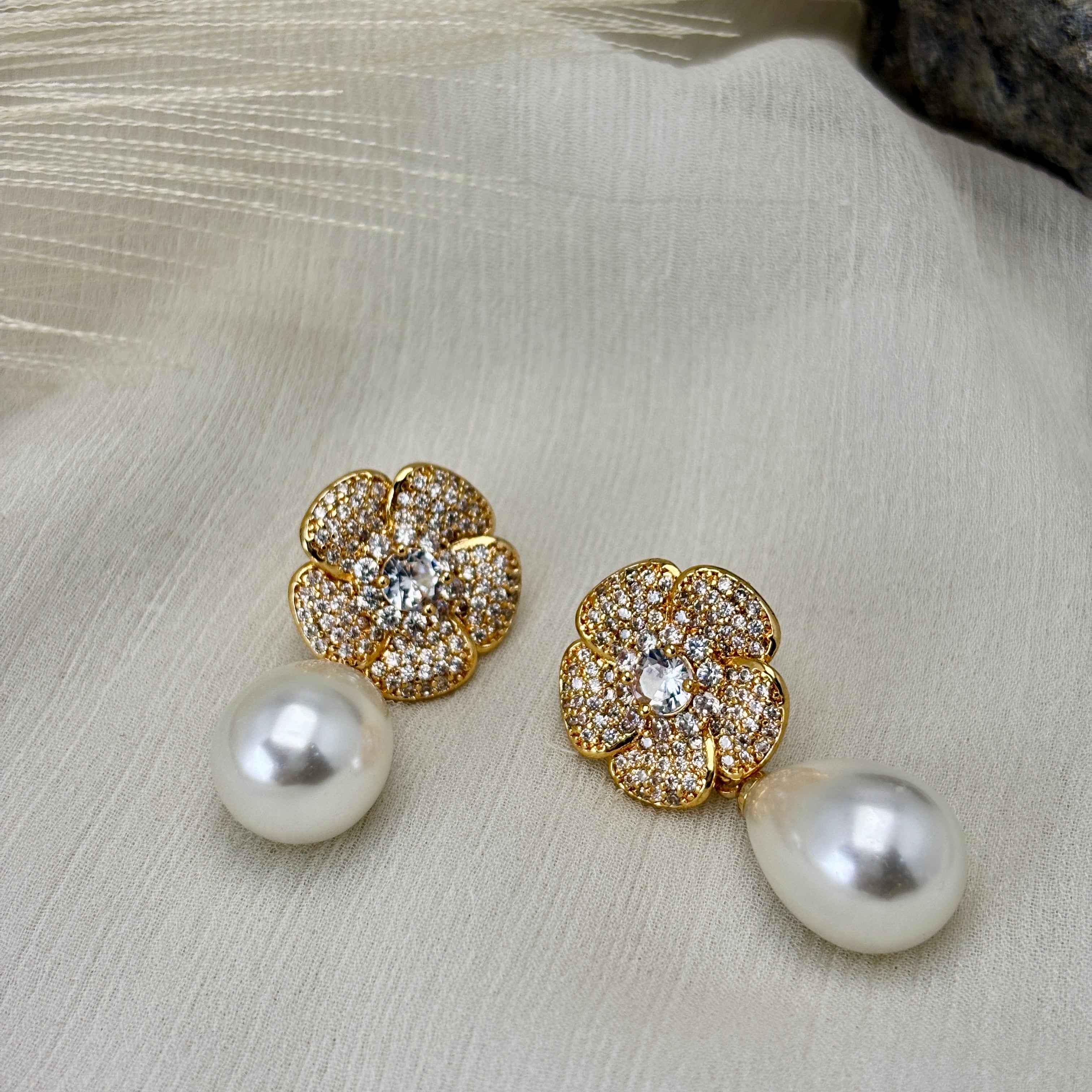 Floral Pearl with CZ Stone Earrings