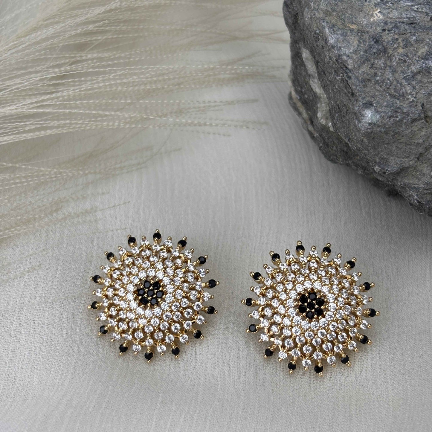 Sunflower White Black CZ Stones Earring