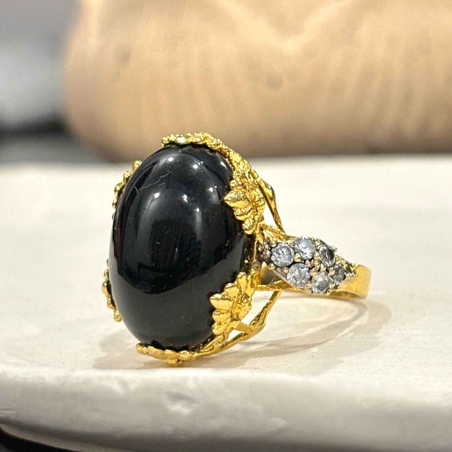 Black Aqeeq Gold Plated Ring