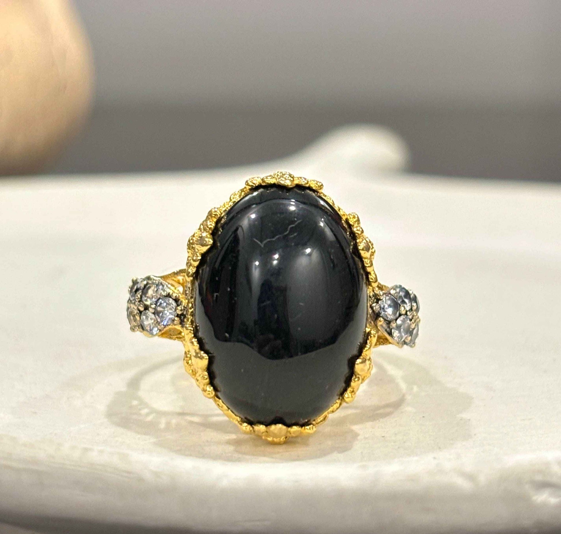 Black Aqeeq Gold Plated Ring